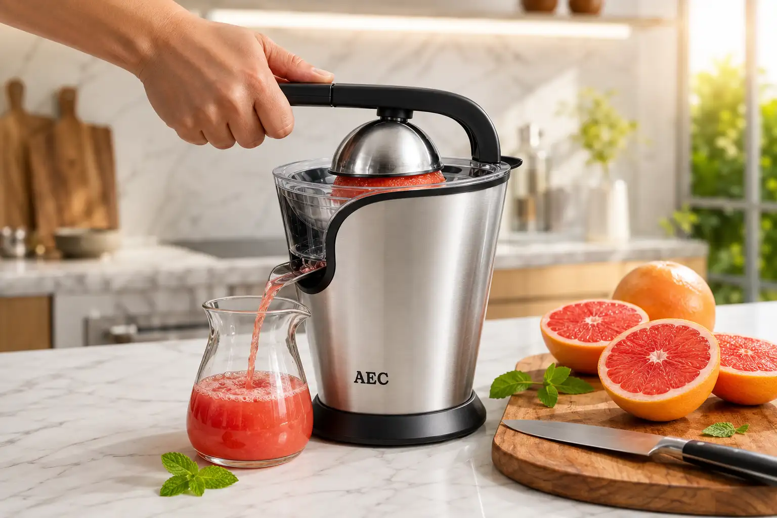 آب مرکبات گیری برقی AEC مدل JA1 با بدنه استیل و موتور قدرتمند مناسب گرفتن آب پرتقال و انواع مرکبات در خانه