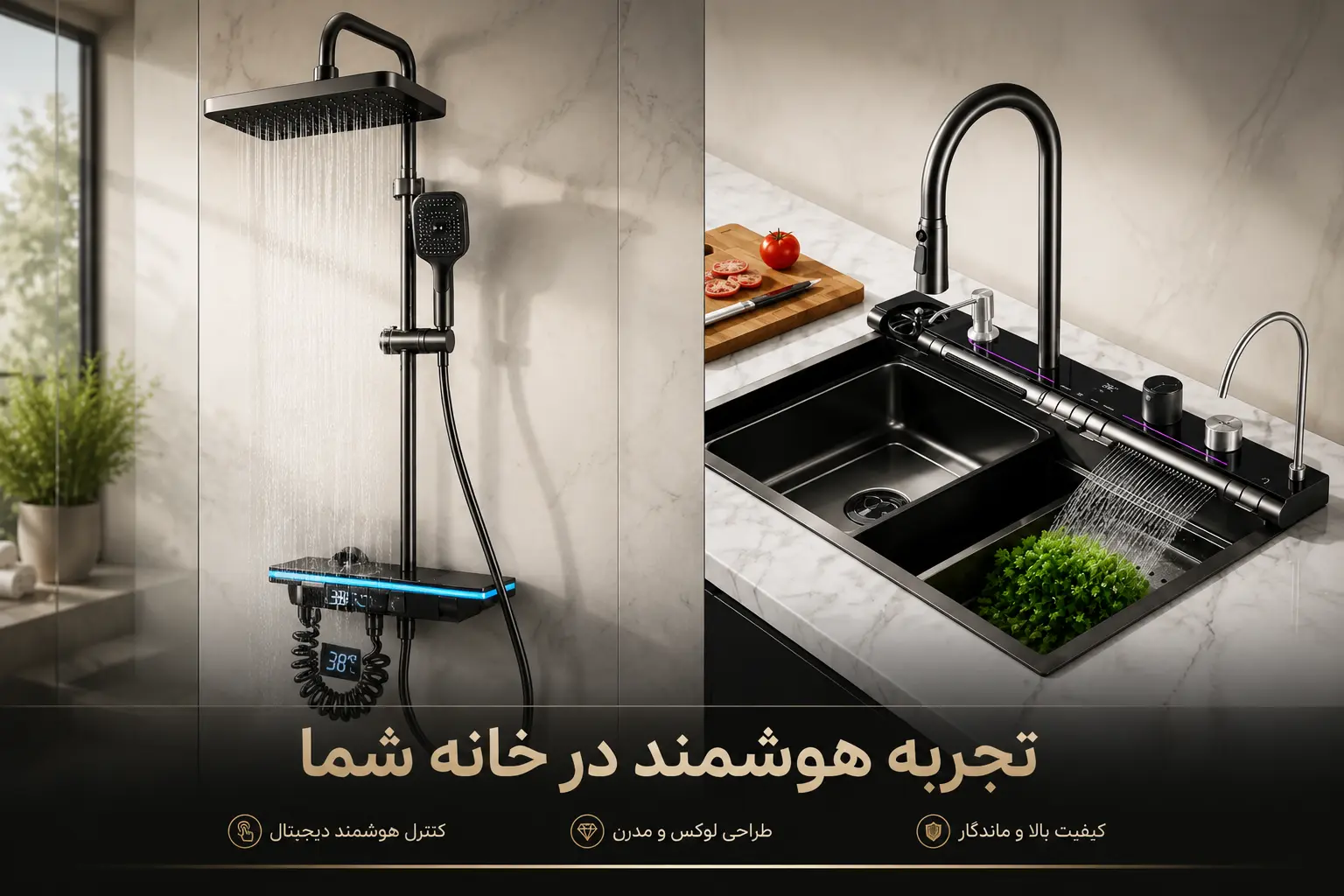 نمای لوکس از آشپزخانه و حمام مدرن با محصولات Hydron
