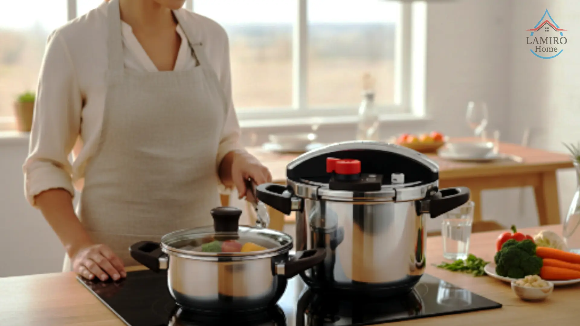 زودپز استیل روی اجاق با طراحی ایمن و بدنه مقاوم برای پخت سریع غذا